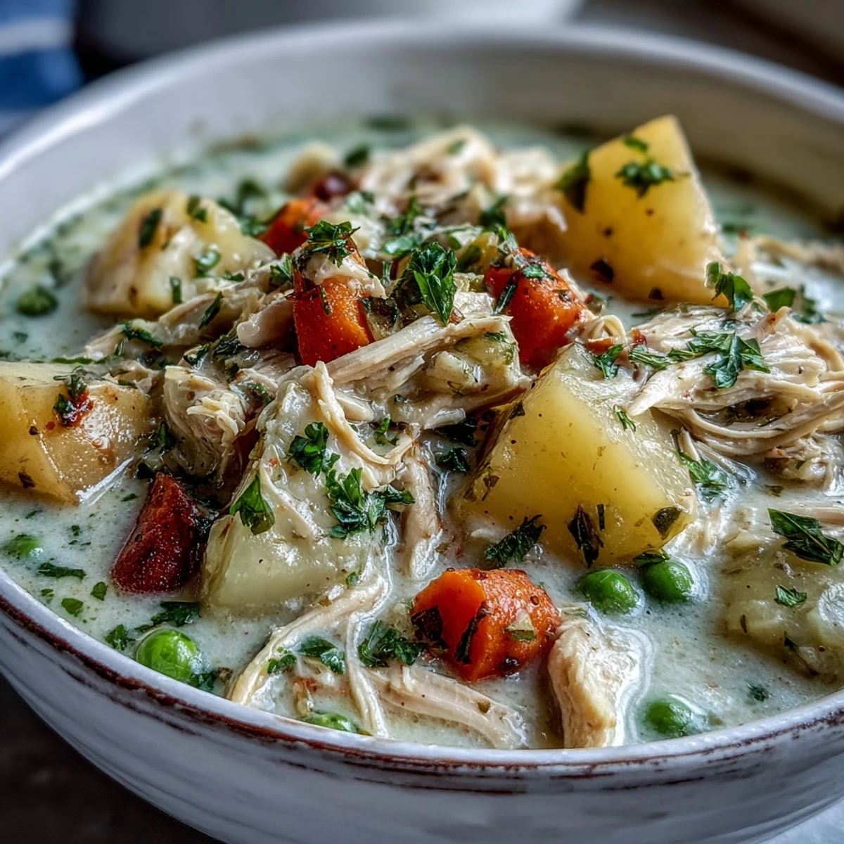 A rustic Dutch oven of Creamy Chicken Pot Pie Soup with carrots, peas, and shredded chicken.