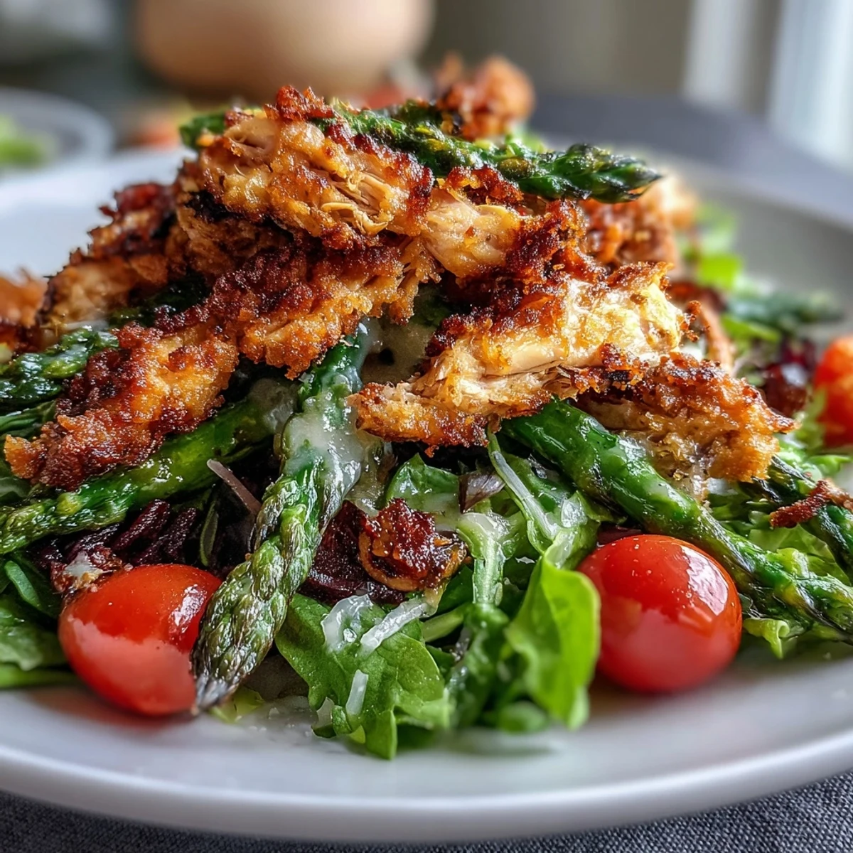 Freshly baked Parmesan-crusted asparagus crowns a bed of greens with tender shredded chicken in a home kitchen.