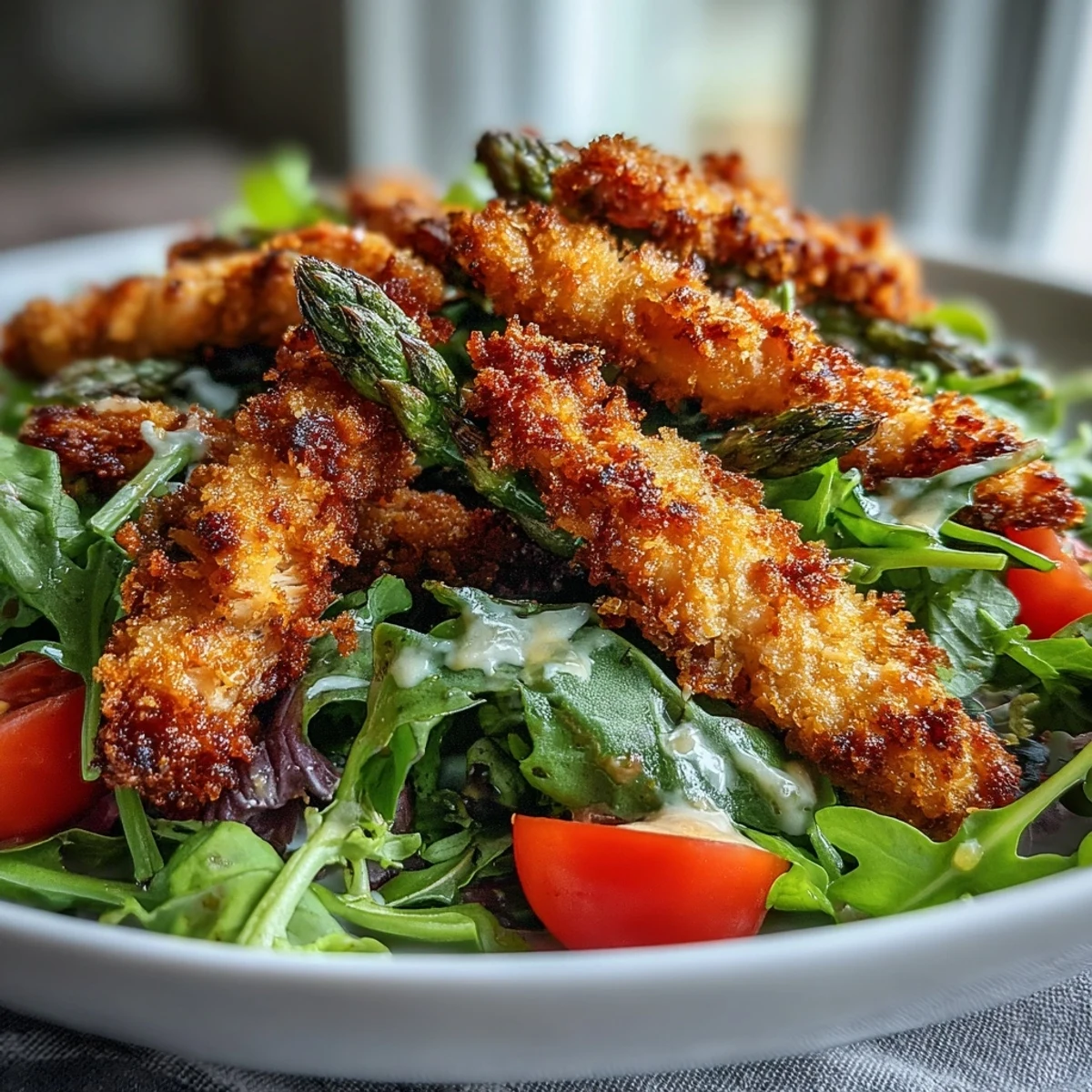 Healthy Crispy Parmesan Asparagus Chicken Salad tossed with red onion, drizzled in lemon dressing for a light lunch.