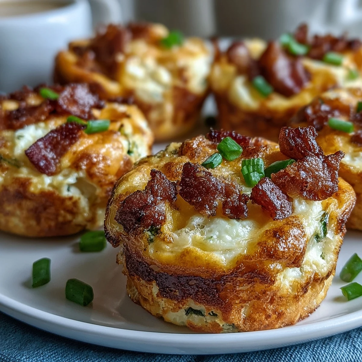 Golden-brown Ranch & Cheddar Egg Muffin Cups sit packed with crispy bacon crumbles and green onions on a white plate.