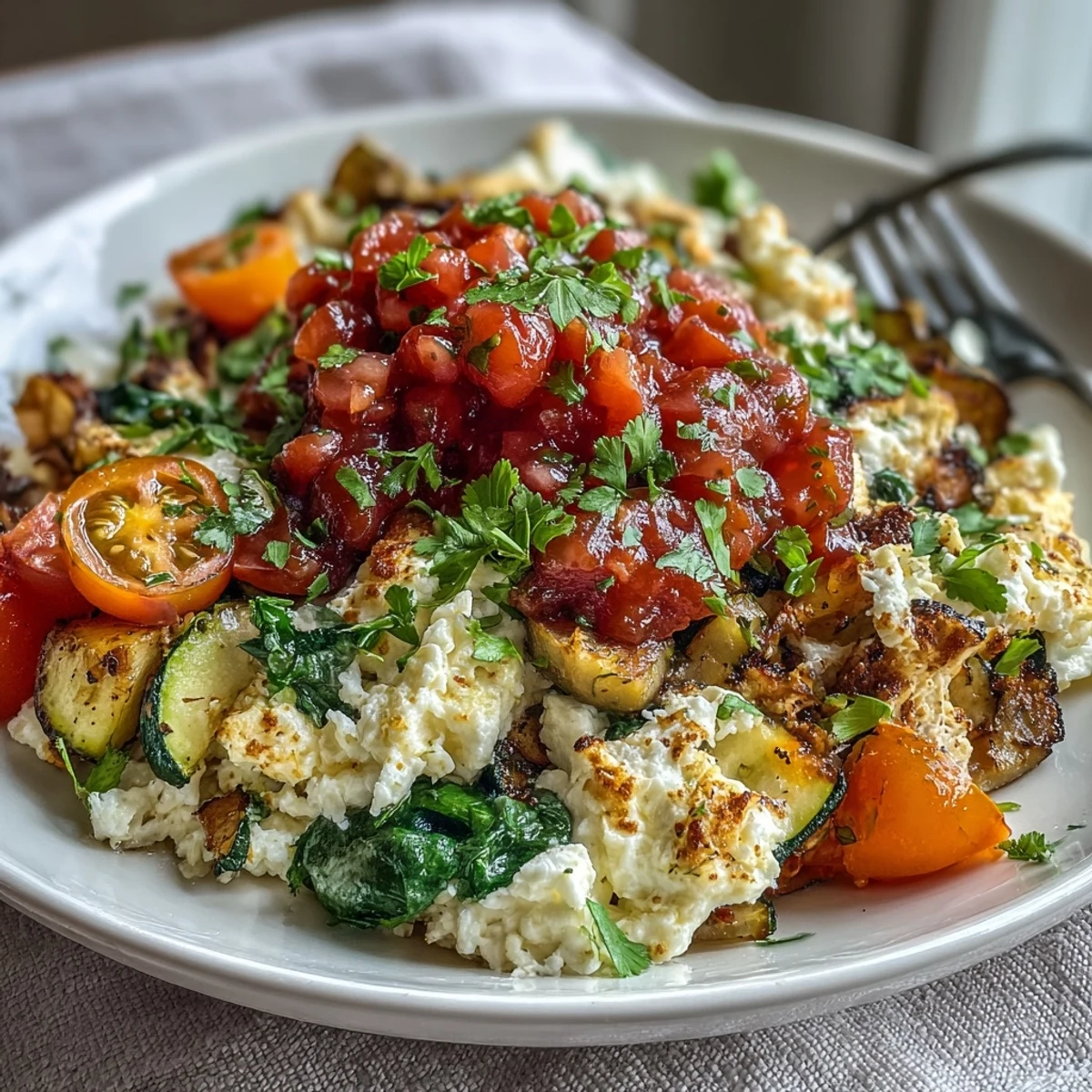 A protein-packed egg white veggie scramble served with salsa for a healthy vegetarian breakfast.