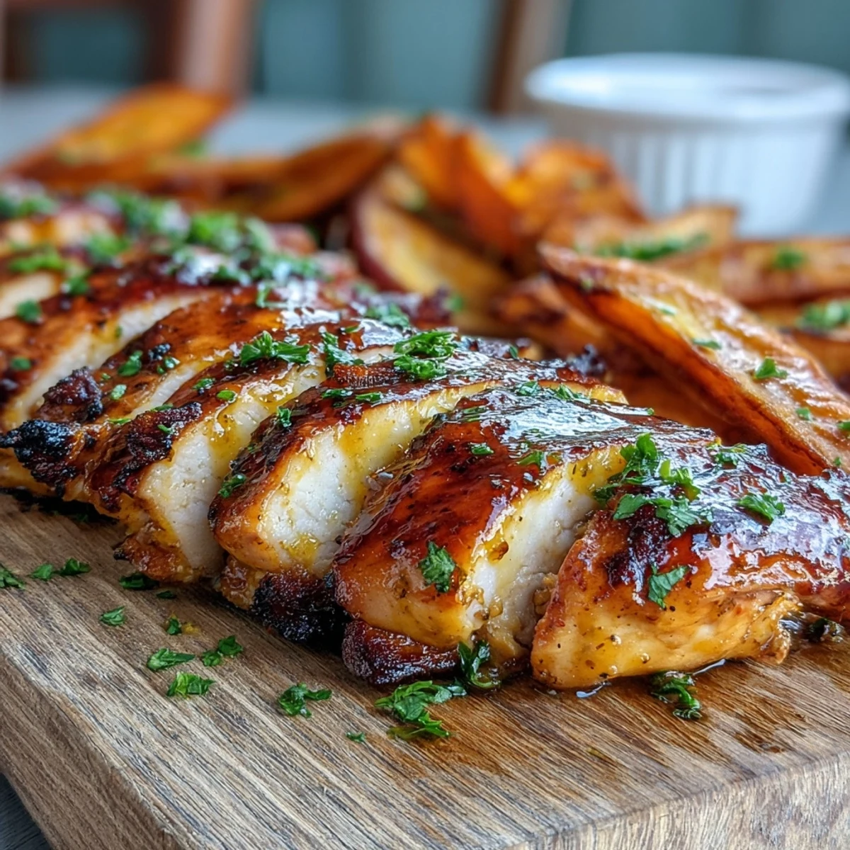 Roasted sweet potato wedges are lightly seasoned and paired with juicy honey mustard grilled chicken breasts.
