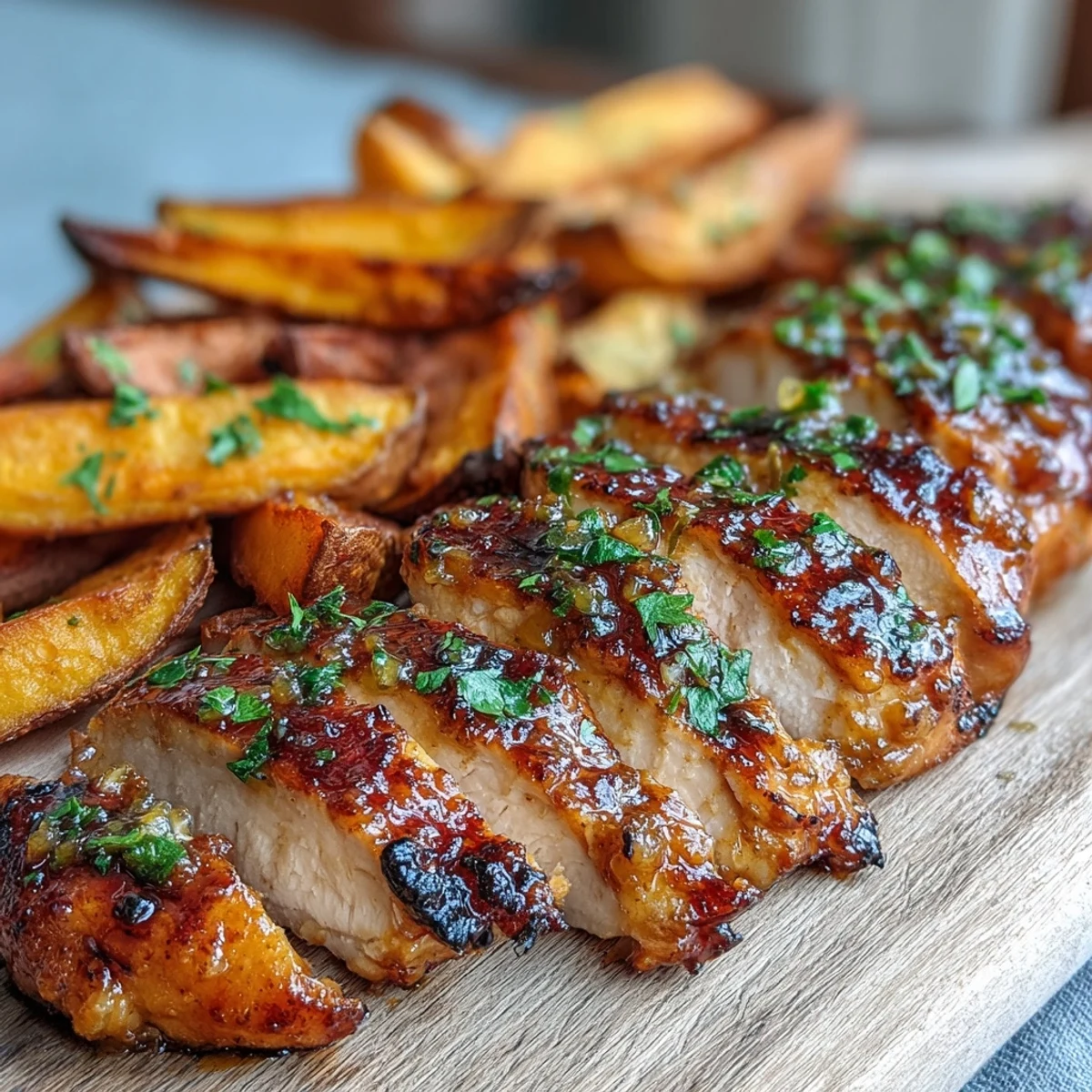 Crispy-edged roasted sweet potato wedges complement tender grilled chicken drizzled with a zesty honey mustard glaze.
