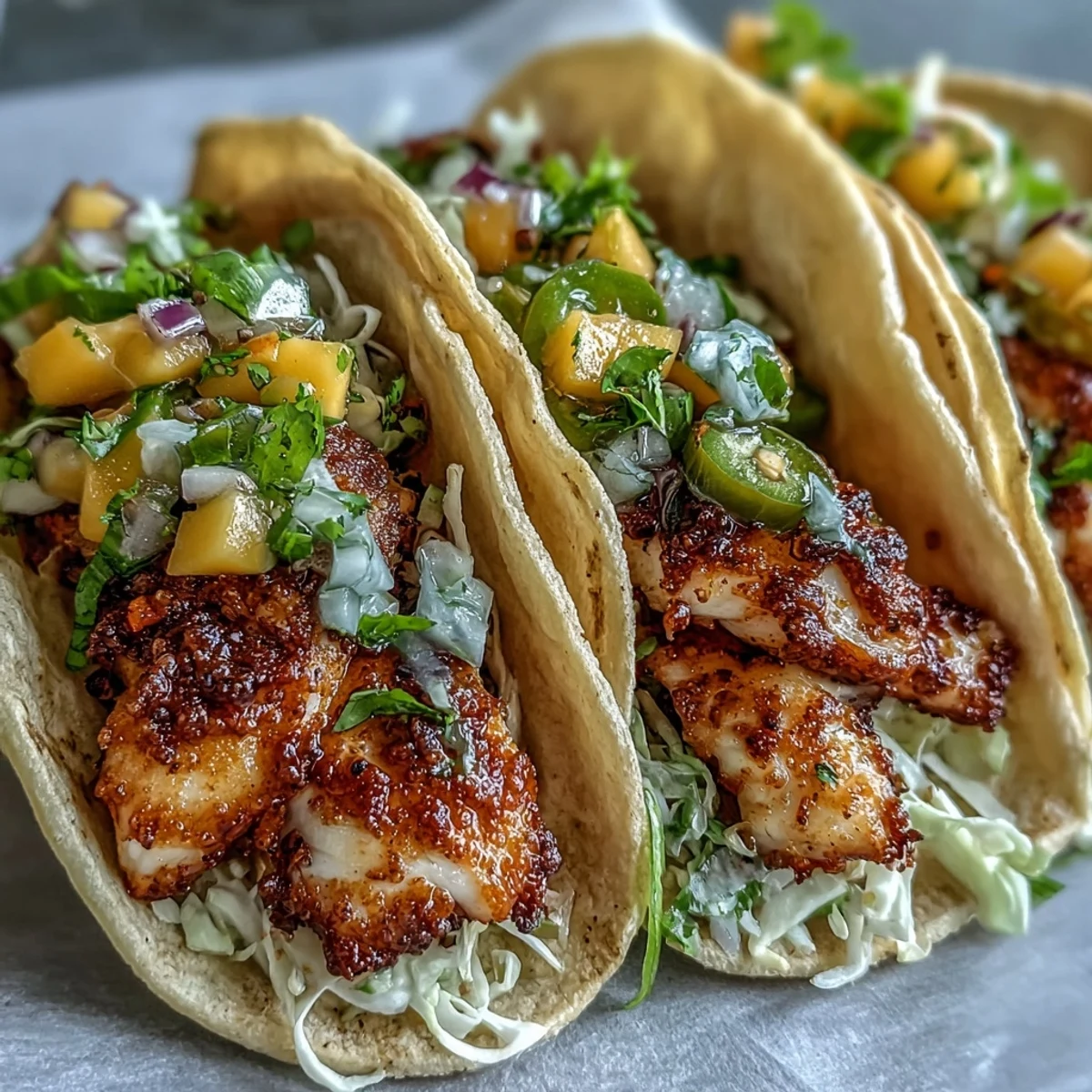 Light Mango Salsa Tilapia Tacos in Corn Tortillas feature flaky, pan-seared fish topped with a bright fruit salsa and crunchy red cabbage.
