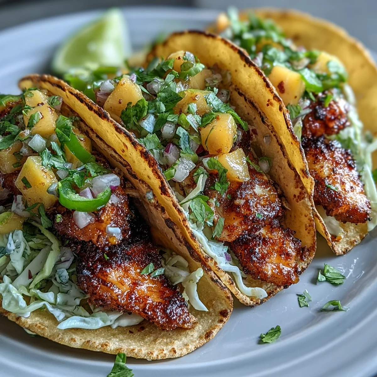 These Light Mango Salsa Tilapia Tacos in Corn Tortillas are ready to serve, garnished with fresh cilantro and lime wedges on a rustic plate.