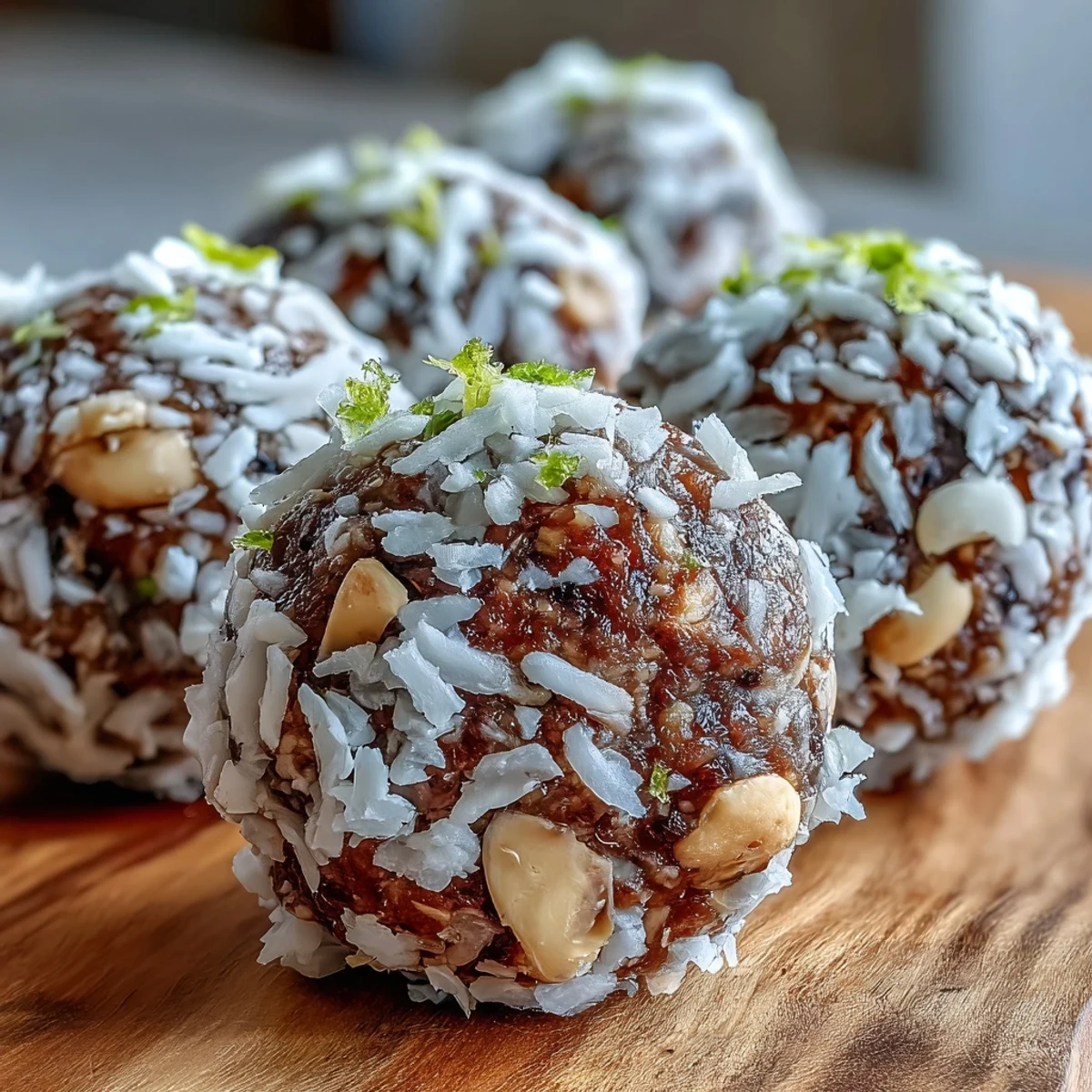 Close-up of Vegan Coconut Lime Energy Balls with Dates and Cashews showing sticky date centers, lime zest flecks, and creamy cashew texture on a clean counter.