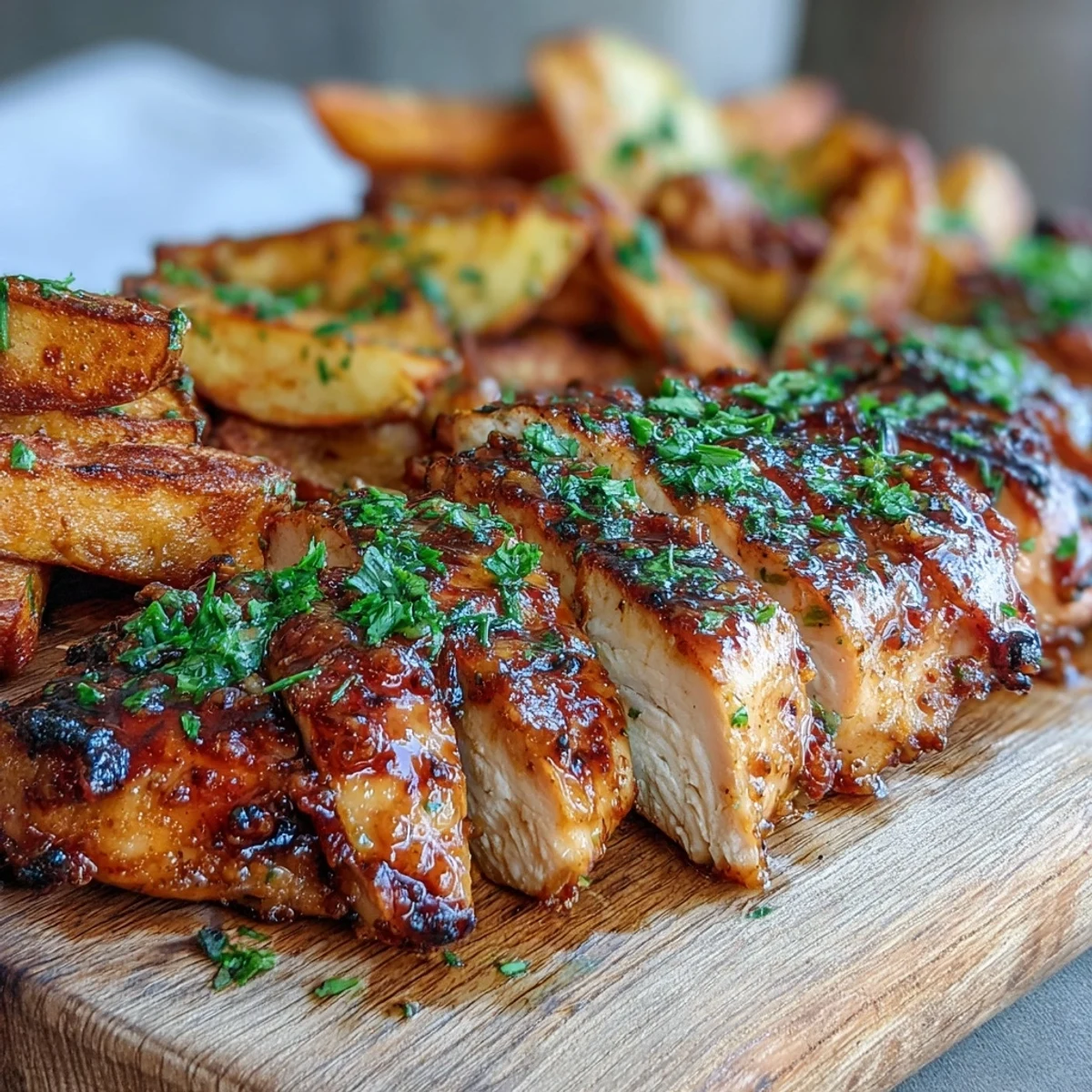 Freshly grilled honey mustard chicken slices rest beside golden roasted sweet potato wedges on a white plate.