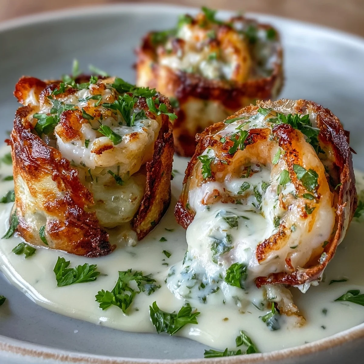 Golden baked tortilla bombs filled with cheesy crab and shrimp, served bubbling in creamy garlic sauce.  