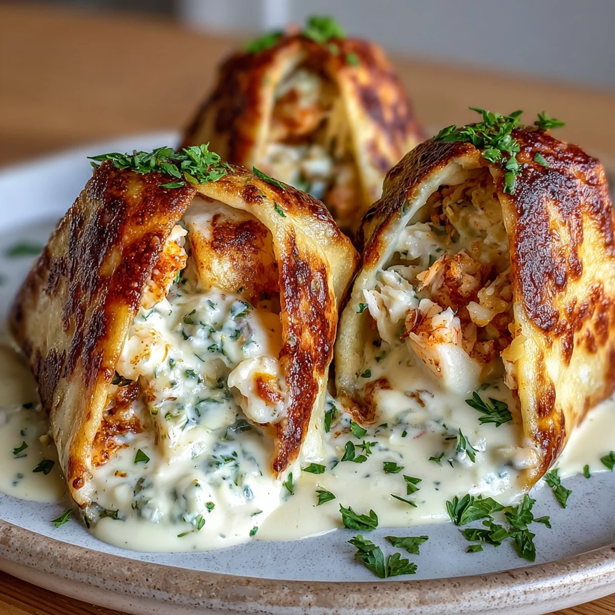 Cheesy seafood tortilla rolls baked to perfection, oozing with crab, shrimp, and melted cheese under garlic cream.