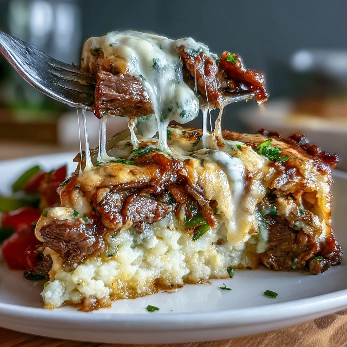 Keto Philly Cheesesteak Casserole with Cauliflower Rice topped with melted provolone and mozzarella cheese, baked to golden perfection.