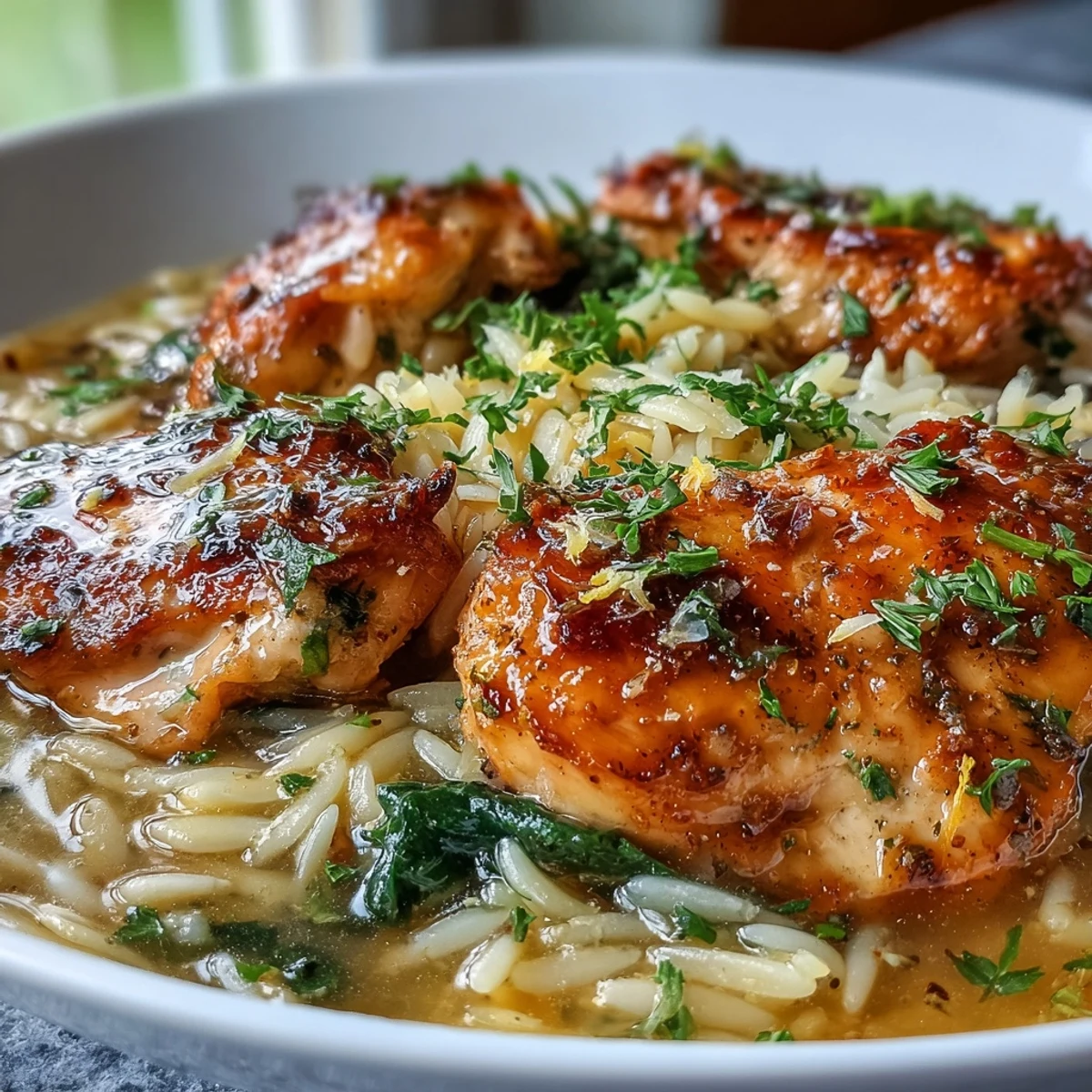 One-pot lemon garlic chicken and orzo with spinach served in a skillet, showcasing golden chicken pieces and vibrant green spinach.