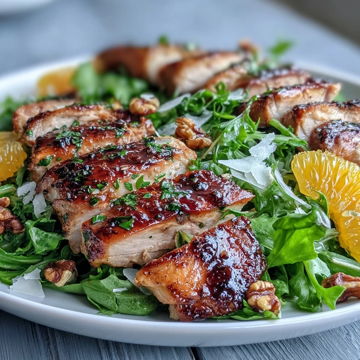 A vibrant grilled chicken and strawberry spinach salad topped with creamy poppy seed dressing and crumbled feta cheese.
