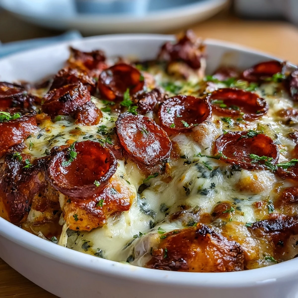 Easy pepperoni chicken bake layered with marinara, mozzarella, and savory toppings for a satisfying gluten-free meal.