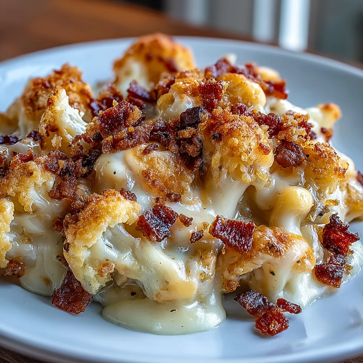 Creamy keto mac and cheese with roasted cauliflower and crispy bacon crumbs baked to golden perfection.  