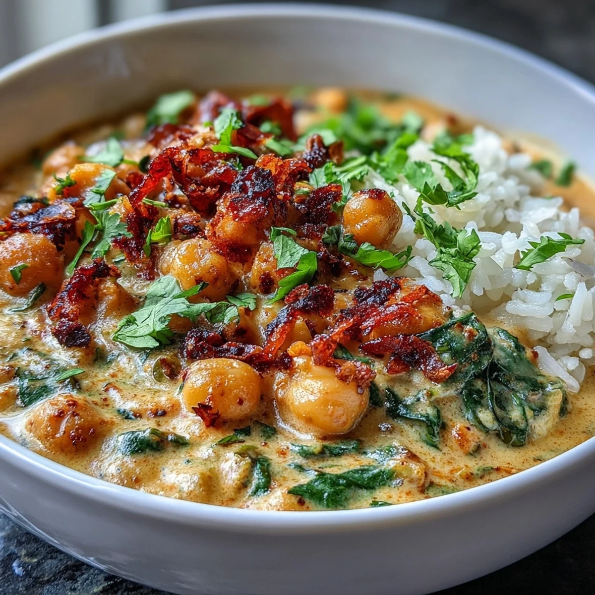 Creamy vegan mango coconut chickpea curry served over fluffy rice, packed with tropical flavors and vibrant colors.  