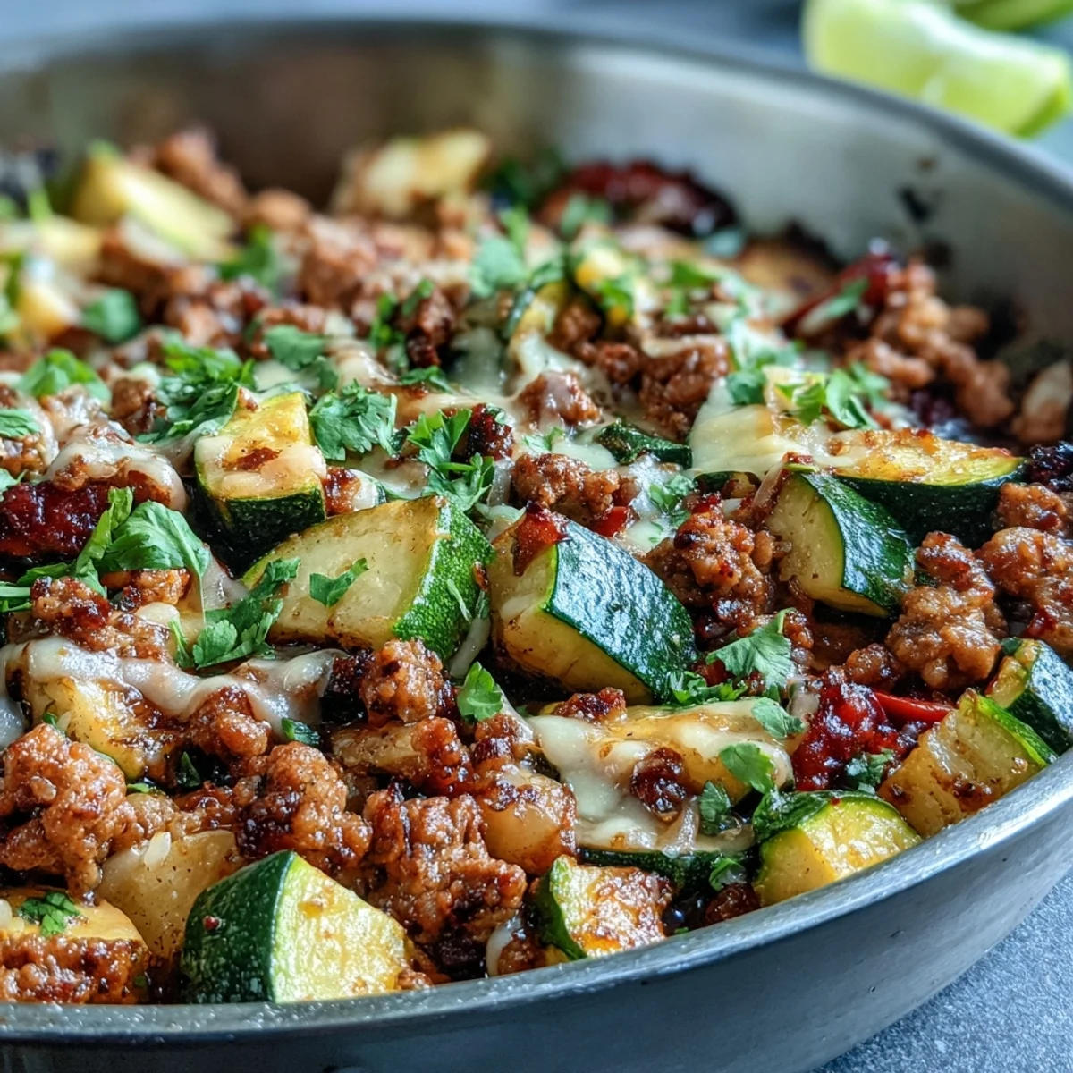 Healthy Turkey Taco Zucchini Skillet featuring colorful bell peppers, spices, and juicy tomatoes for a low-carb family meal.  