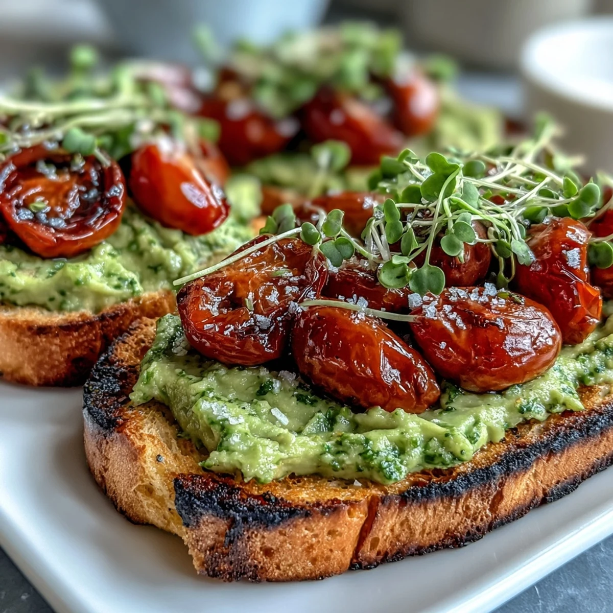 Creamy avocado pesto spread on golden sourdough toast, topped with juicy cherry tomatoes and fresh microgreens for a vibrant vegetarian breakfast.