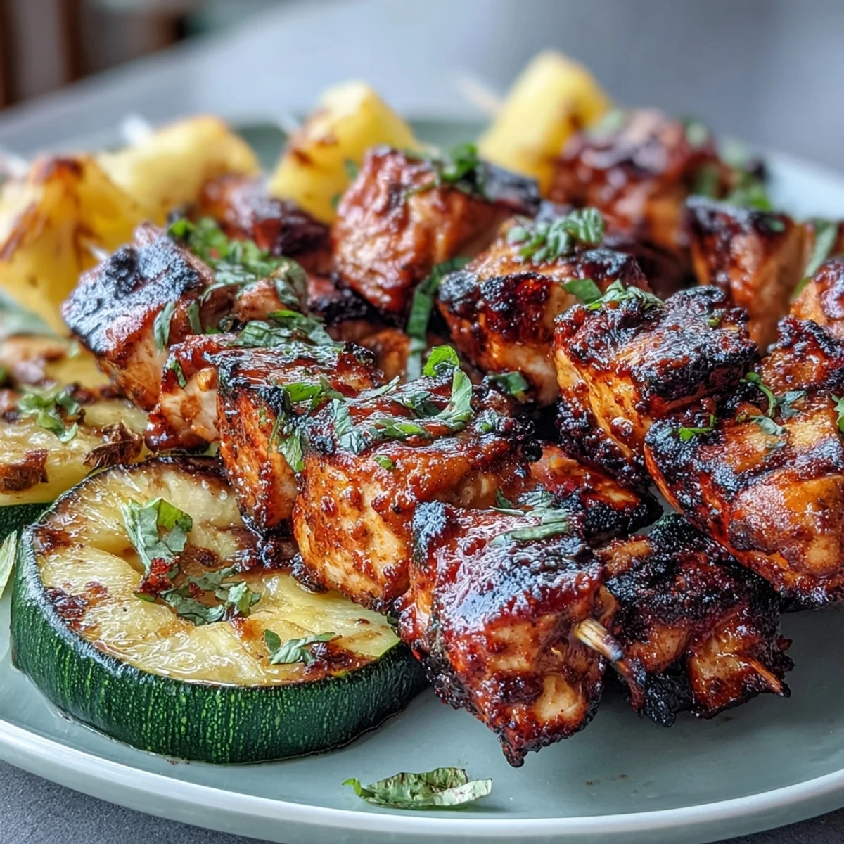 Vibrant honey-lime grilled chicken skewers showcasing marinated chicken cubes, zucchini rounds, and pineapple chunks, perfectly charred on the grill for a colorful and flavorful summer meal.