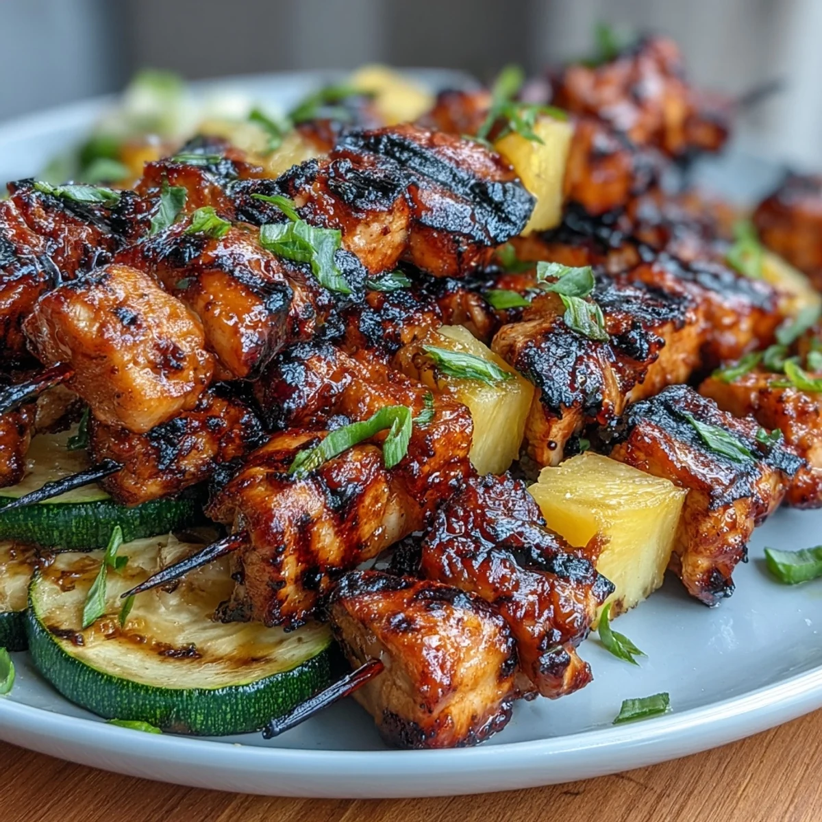 Juicy honey-lime grilled chicken skewers with fresh zucchini and pineapple, served hot off the grill with a bright citrus marinade that caramelizes beautifully for a delicious and healthy dish.