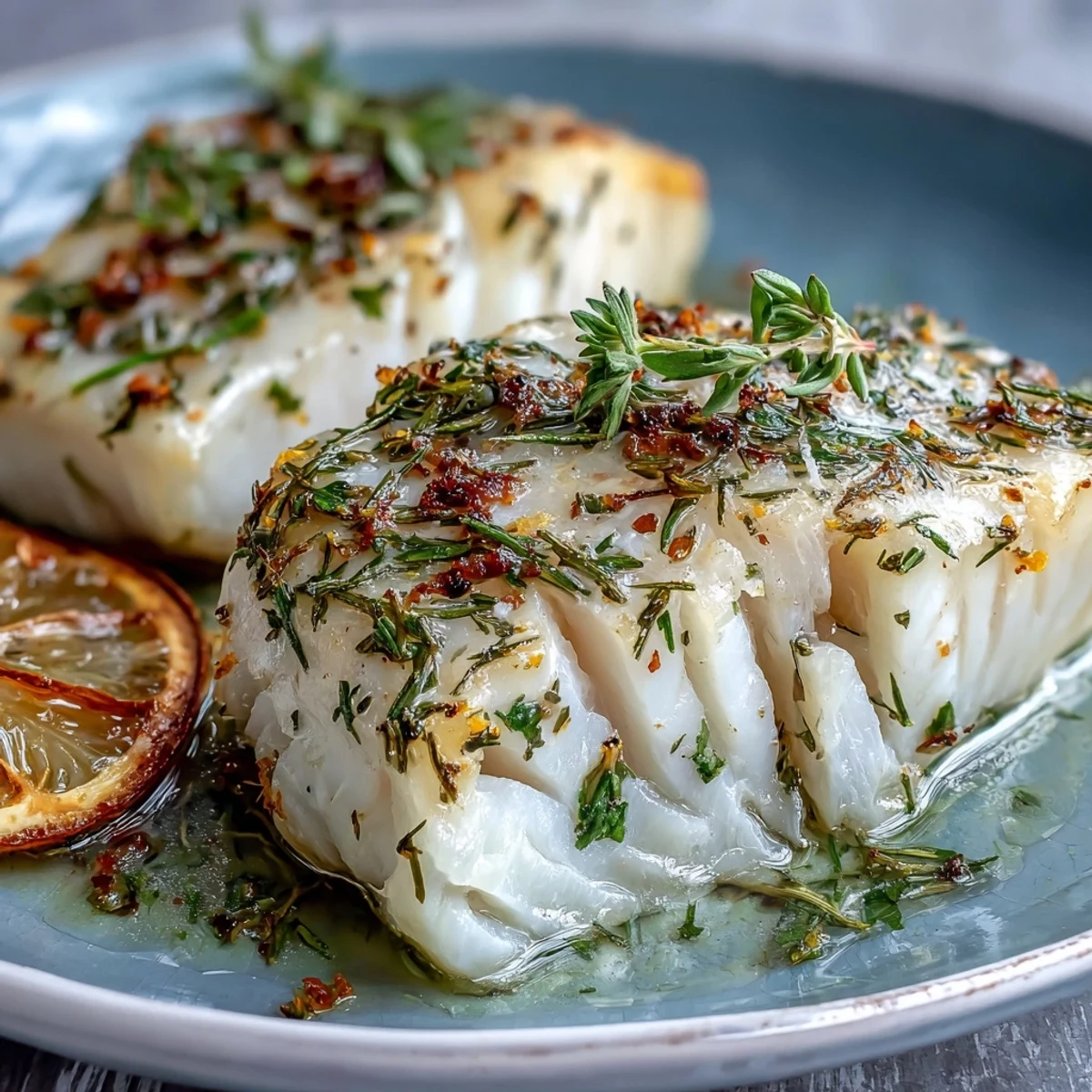 Baked cod fillets seasoned with garlic, lemon, and fresh herbs, paired with crisp asparagus and sweet roasted cherry tomatoes.