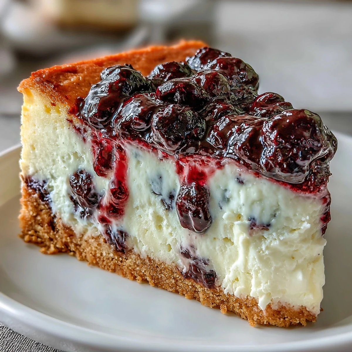 Decadent black currant cheesecake topped with a glossy berry swirl, offering a perfect balance of tangy and sweet flavors.  