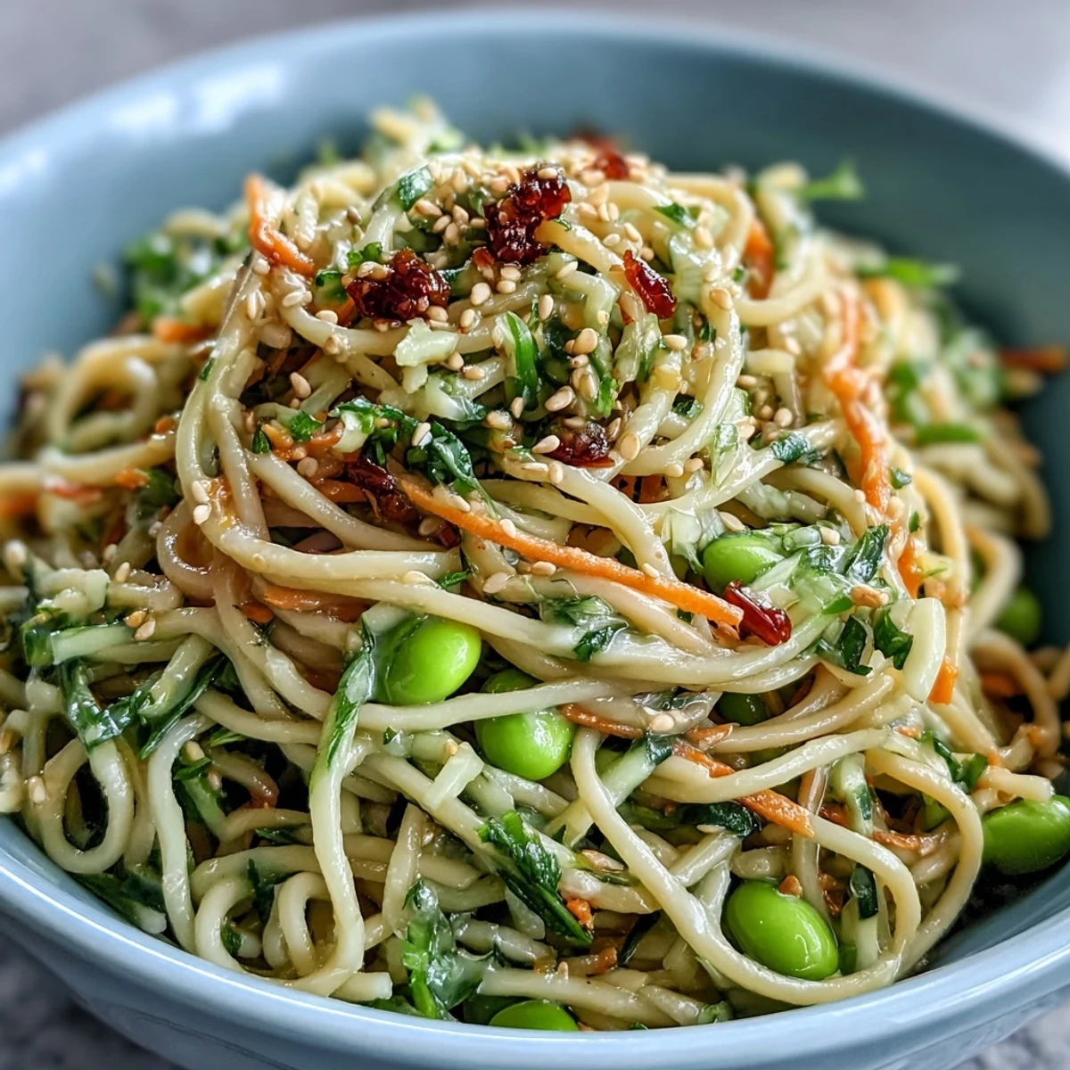A vibrant sesame ginger noodle bowl with chilled soba noodles, crisp cucumber, carrot, and edamame, topped with toasted sesame seeds.