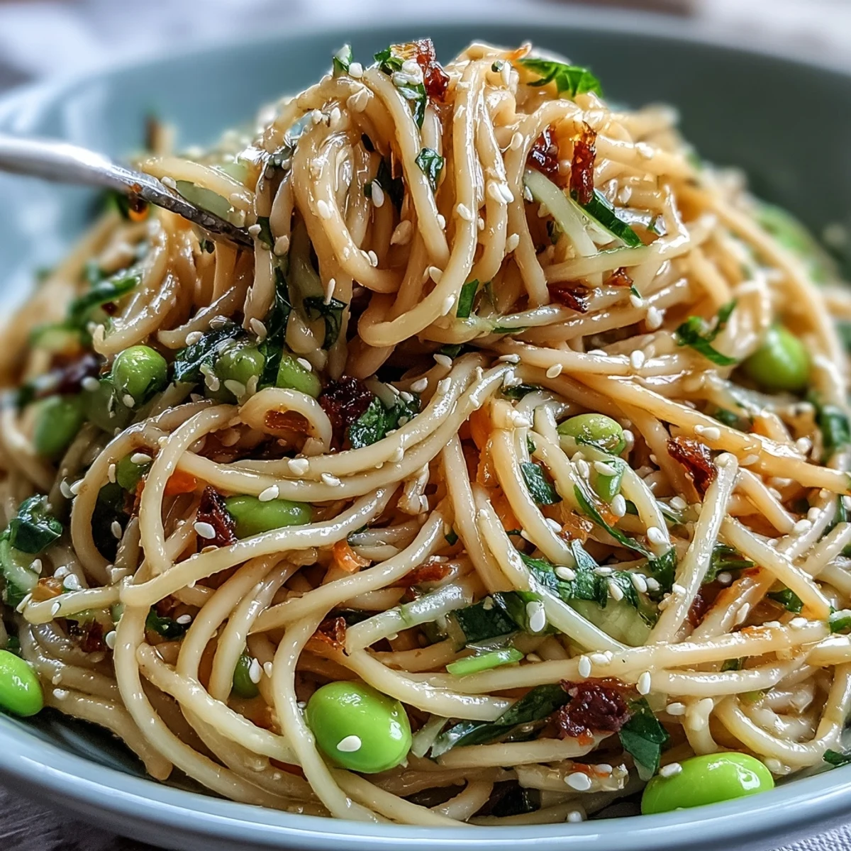 This sesame ginger noodle bowl features protein-rich edamame and crunchy vegetables tossed in a flavorful tahini-based dressing for a satisfying vegan meal.