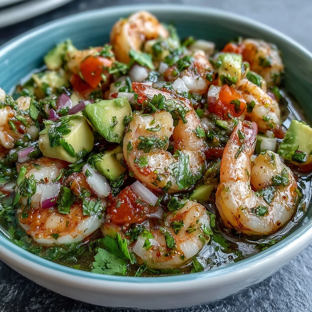 Zesty chilli lime shrimp ceviche with creamy avocado, fresh cilantro, and diced tomatoes in a citrus marinade.
