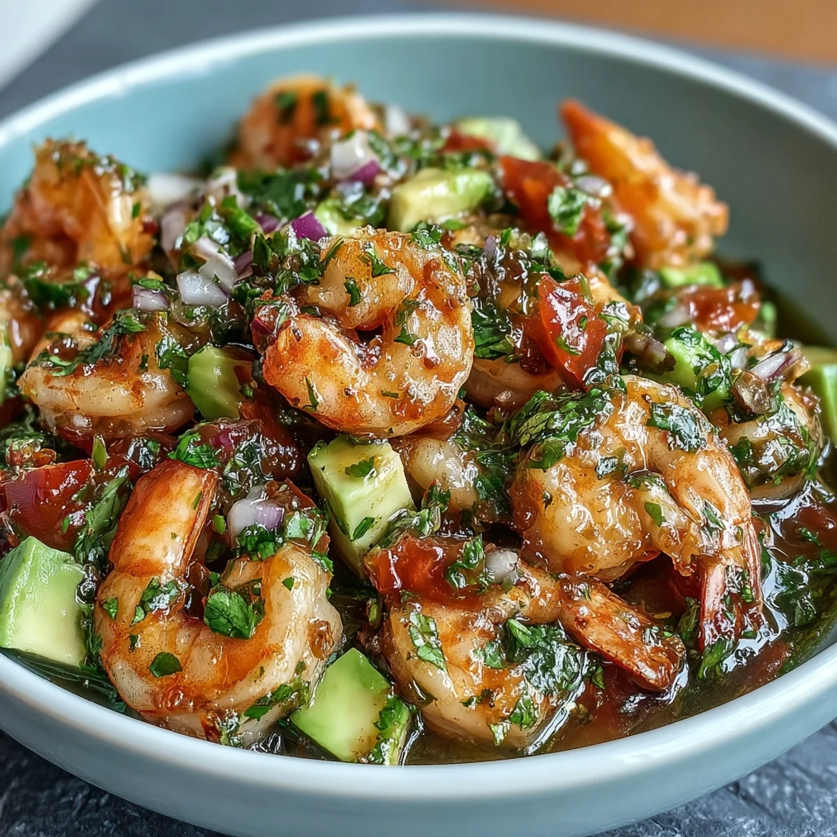 Fresh raw shrimp marinated in lime juice, mixed with cucumber, tomatoes, and spicy chilli for a Latin appetizer.