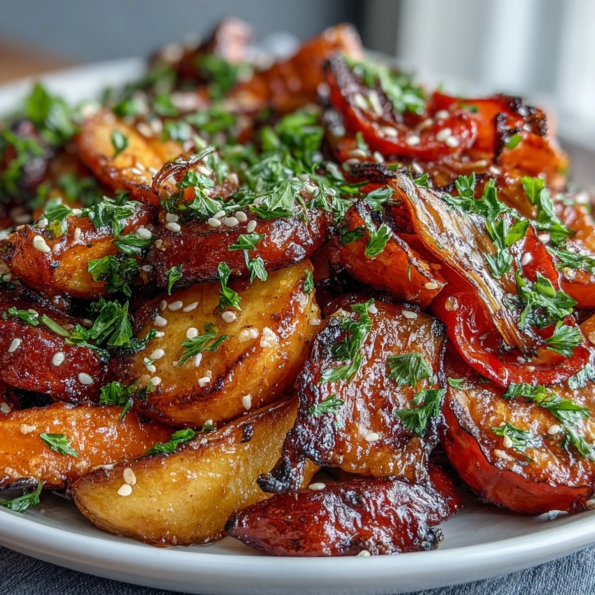 Golden roasted vegetables tossed in a rich miso-butter glaze, offering deep umami flavor and tender texture.