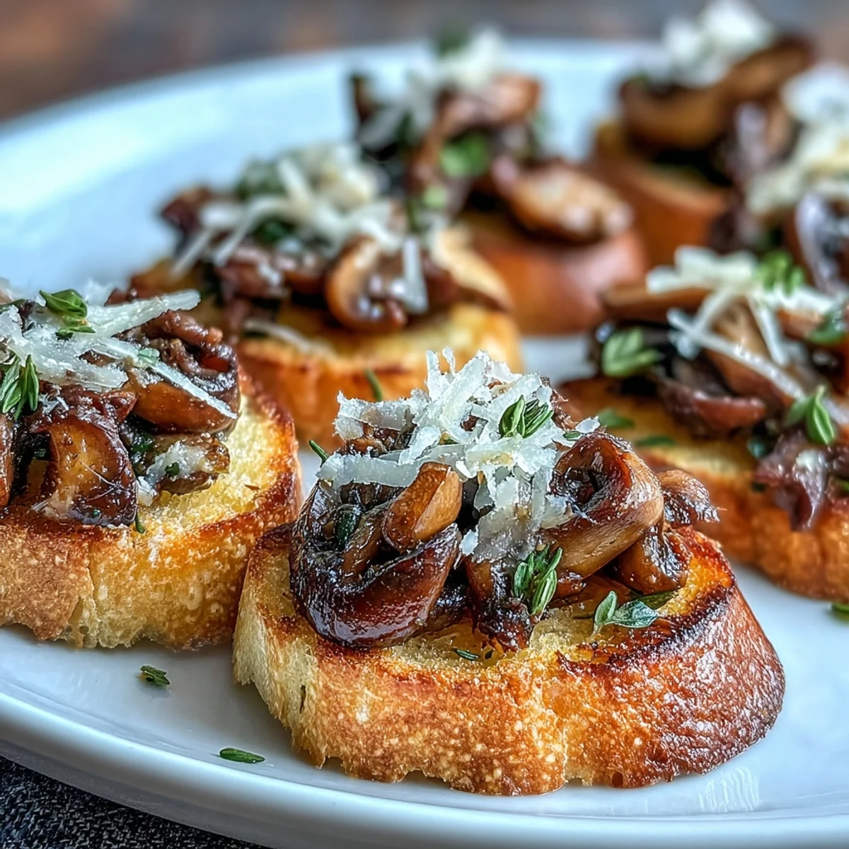 Wild mushroom and garlic crostini with golden sautéed mushrooms, crisp baguette, and shaved Parmesan.  