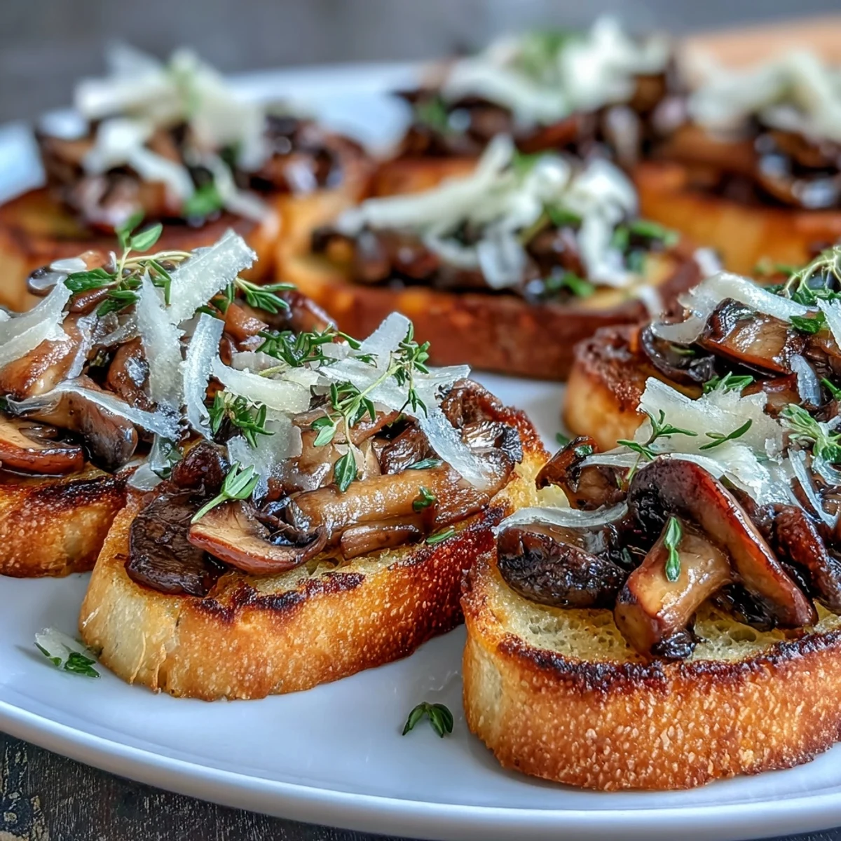 Flavorful wild mushroom crostini recipe with garlicky toasts, fresh thyme, and a sprinkle of Parmesan cheese.  