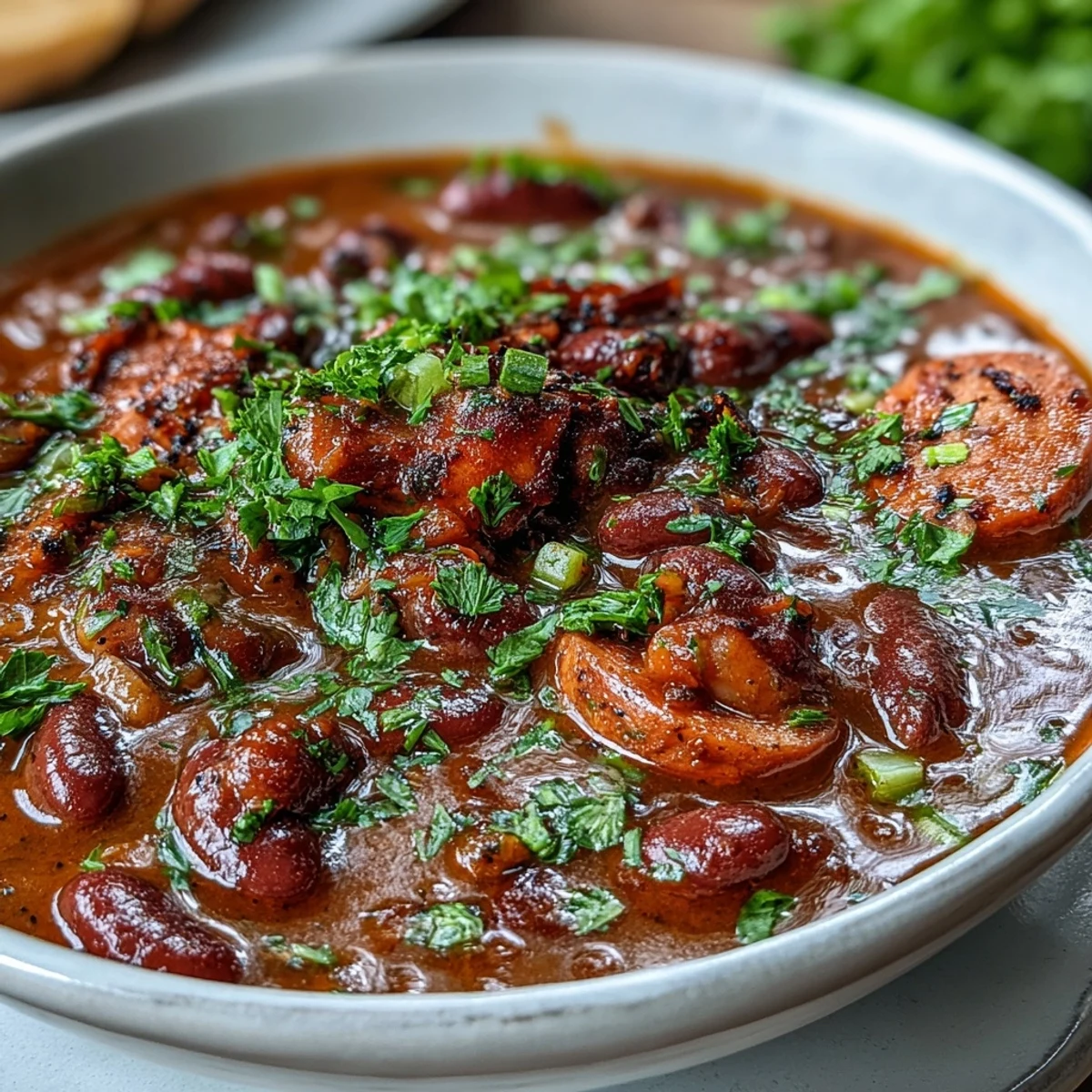 Hearty ham and red bean soup with smoky ham hock, creamy beans, and classic Creole spices in a rustic pot.