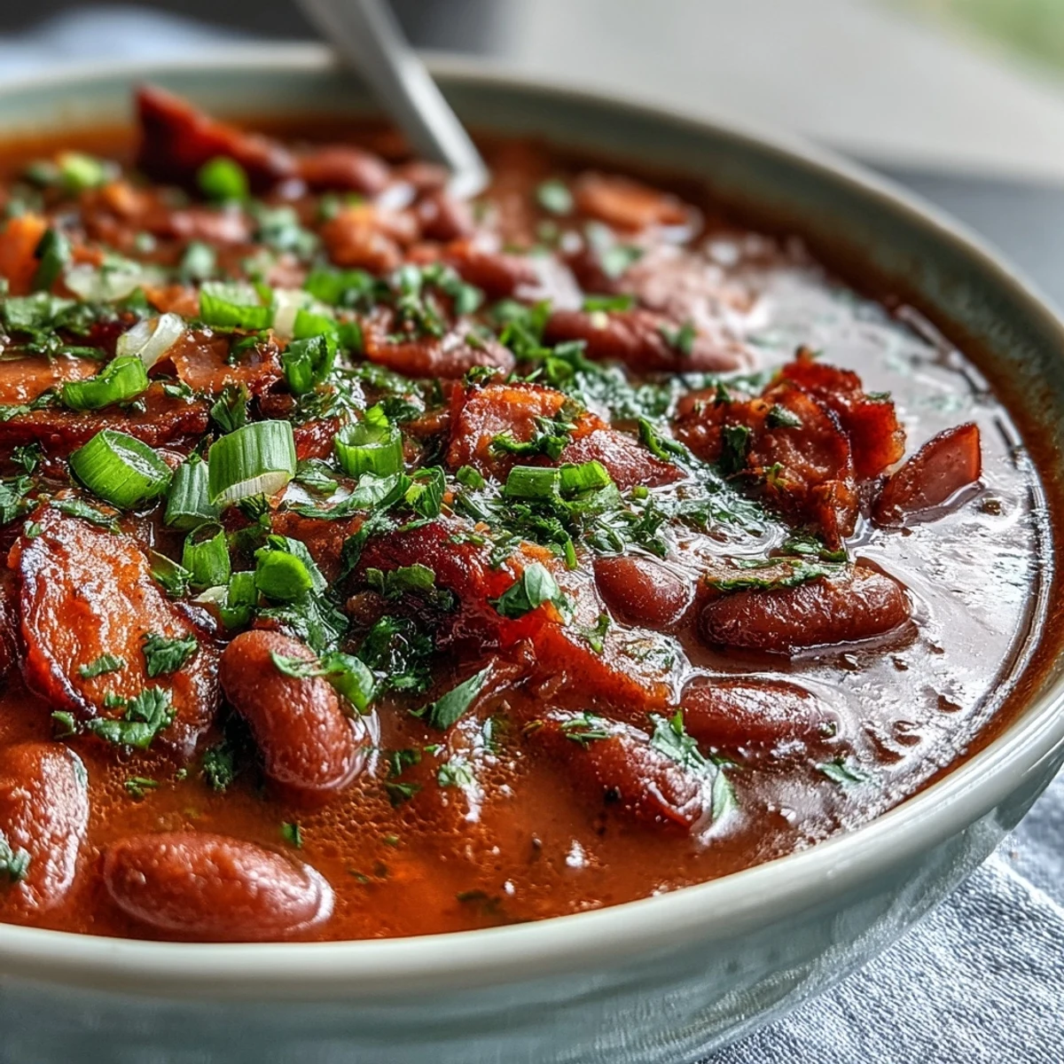 Rich Cajun-style ham and red bean soup featuring tender beans, diced ham, and aromatic vegetables simmered to perfection.
