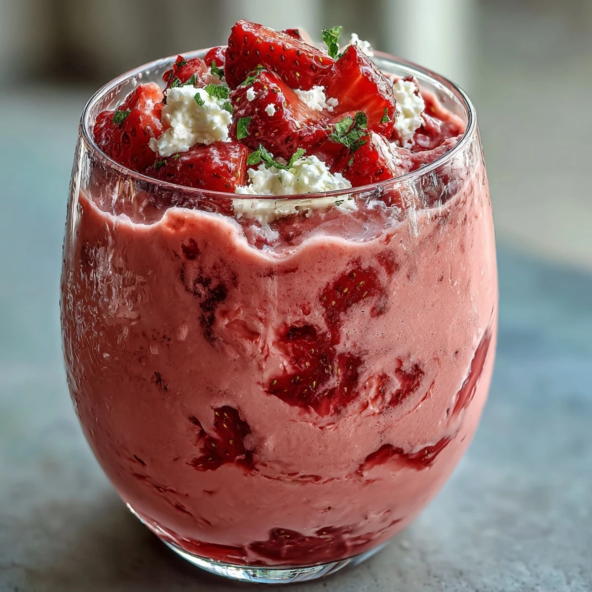 A thick, luscious cottage cheese strawberry smoothie served in a tall glass, garnished with chia seeds and berries.