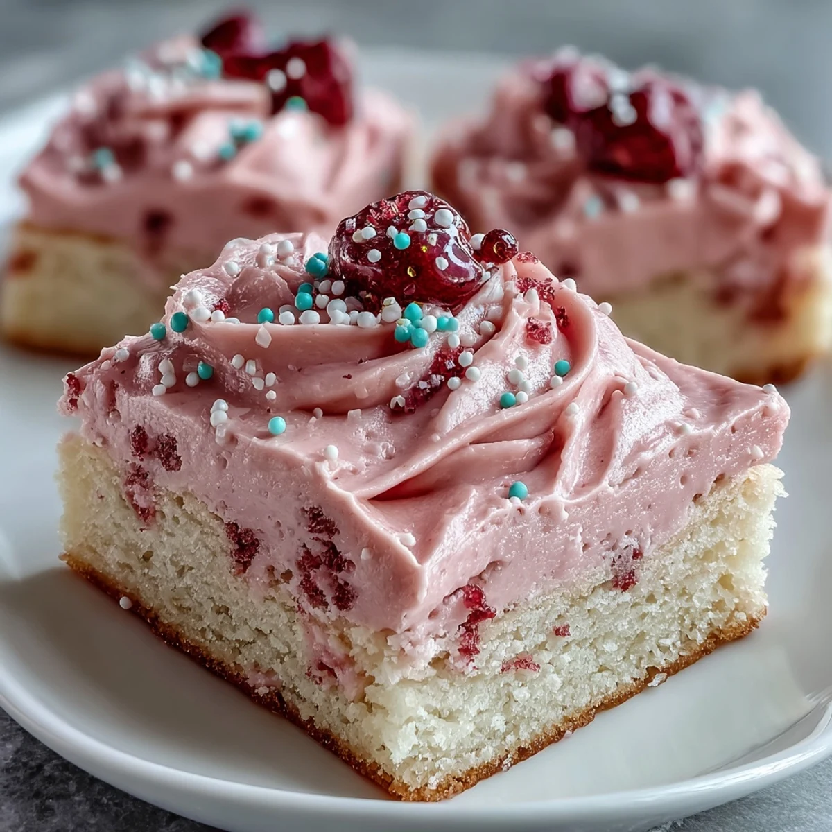 Soft, chewy sugar cookie bars topped with creamy strawberry frosting and festive sprinkles for Valentine's Day.  