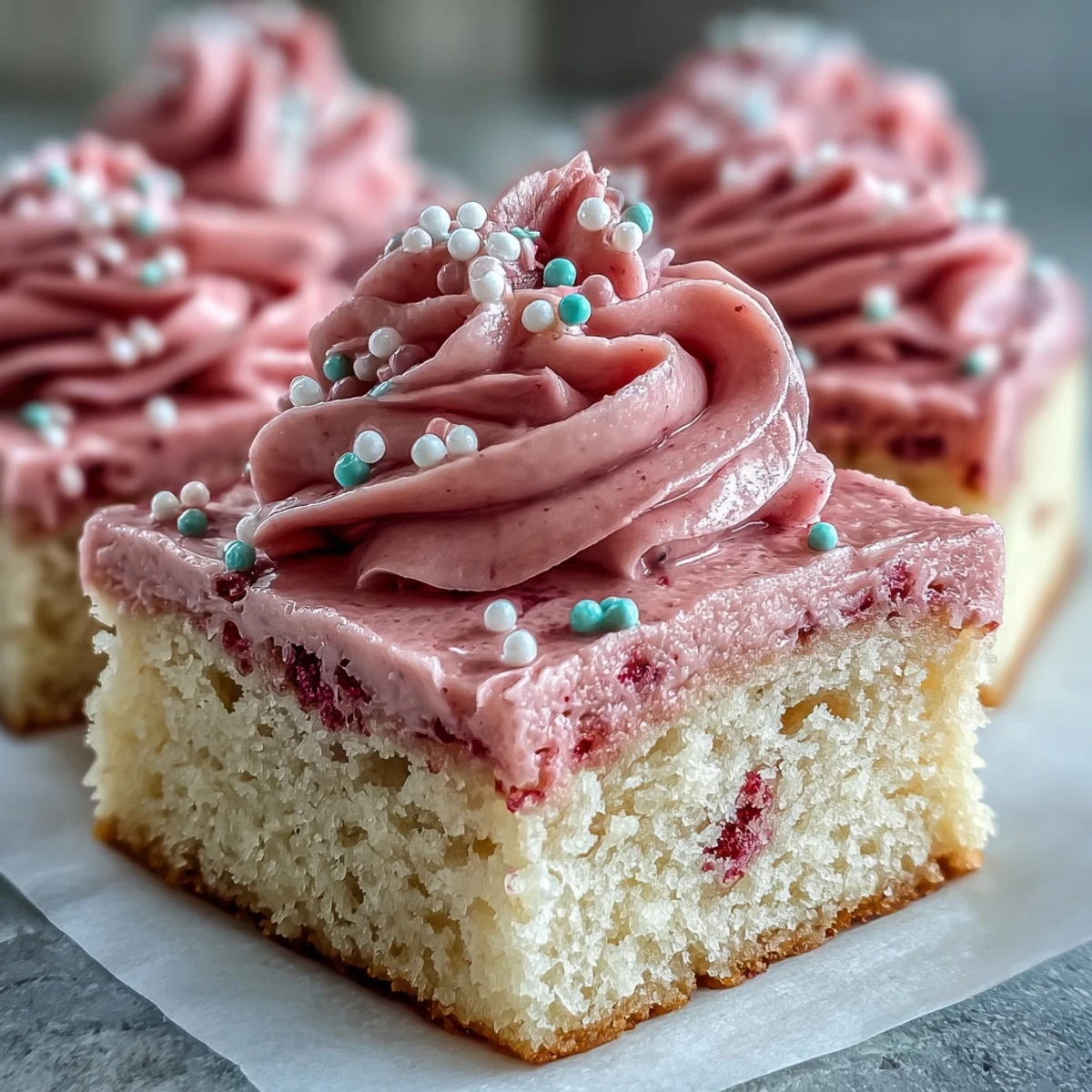 Easy Valentine sugar cookie bars with a smooth, pink strawberry frosting, perfect for sharing with loved ones.