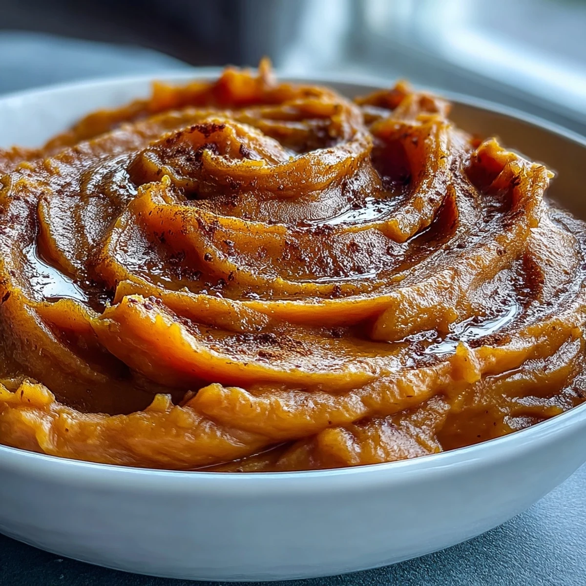A bowl of creamy mashed yams swirled with butter, cinnamon, and brown sugar, topped with chopped pecans and a sprinkle of cinnamon.