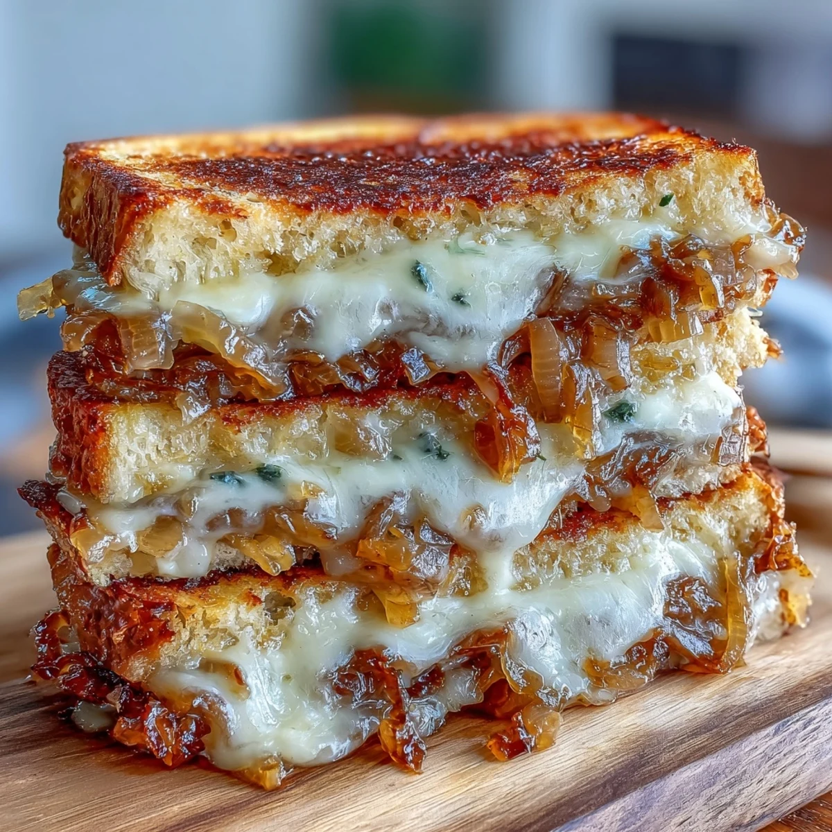 Decadent sourdough French onion grilled cheese sandwich with caramelized onions and melted Gruyère cheese on crispy bread.