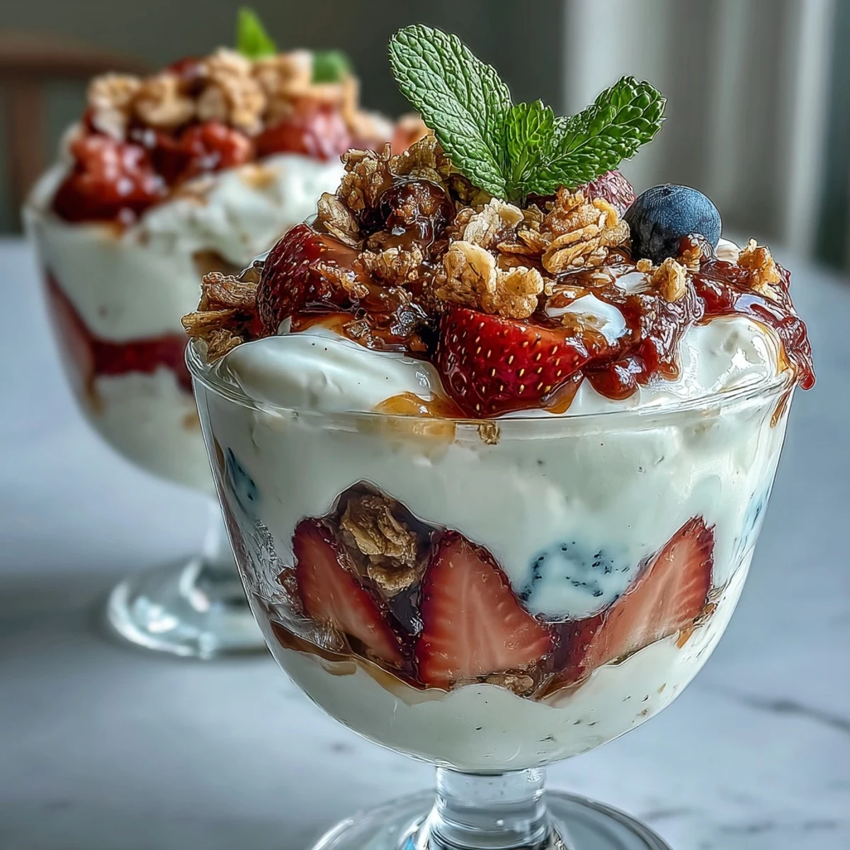 Customizable parfait station featuring creamy Greek yogurt, sliced strawberries, and a variety of sweet and crunchy toppings.  