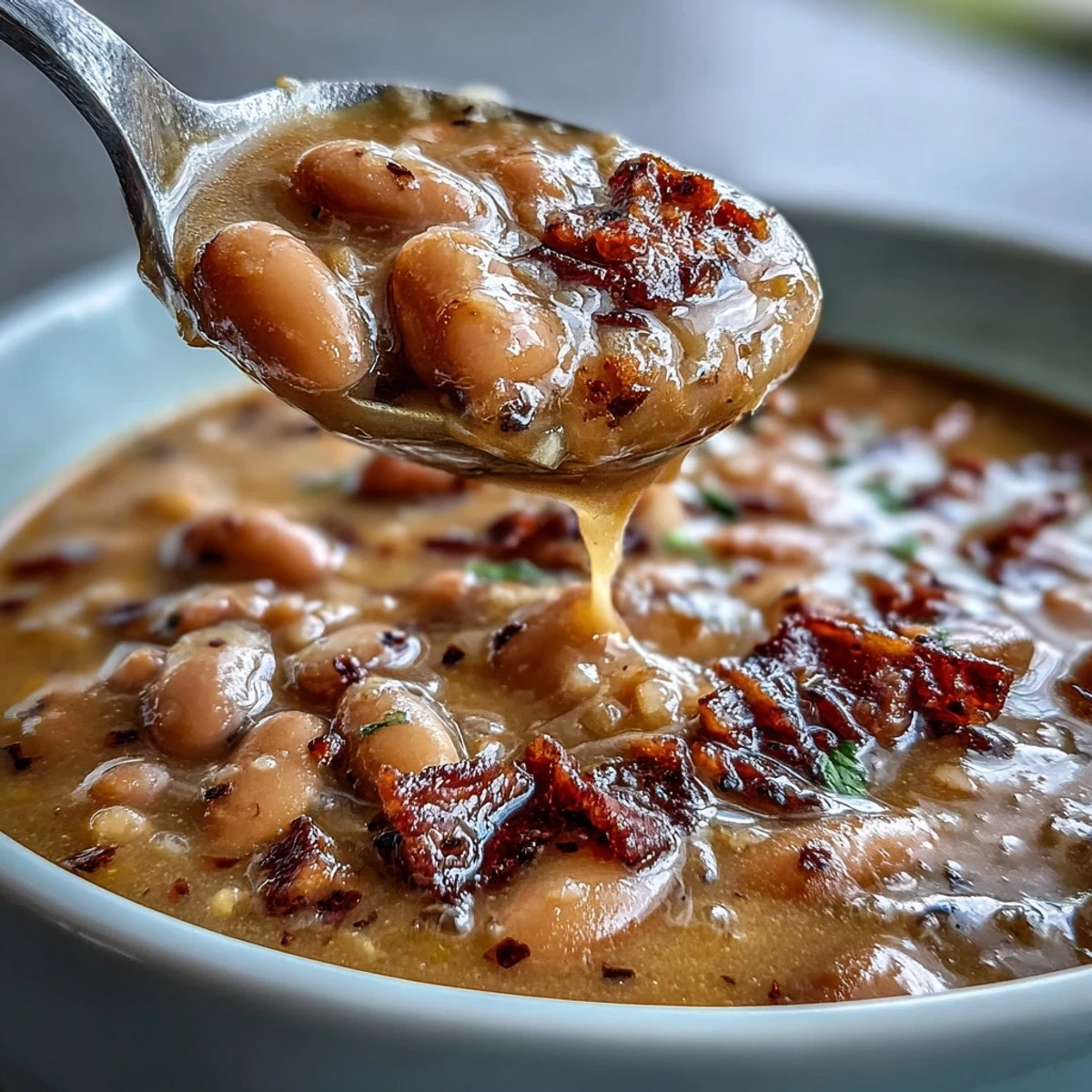 Hearty Ham Bone Bean Soup with Smoky Paprika served in a rustic pot, featuring tender vegetables and a smoky, comforting aroma.