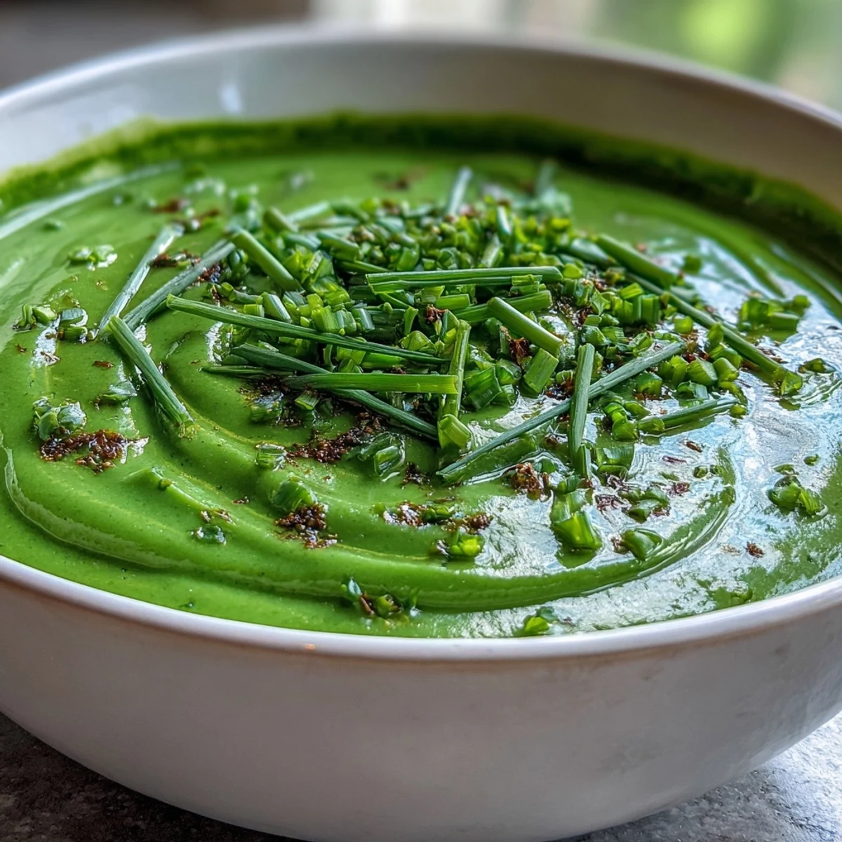 Creamy Spinach and White Bean Shamrock Soup with fresh greens and white beans in a vibrant green bowl, garnished with chives and served with crusty bread.
