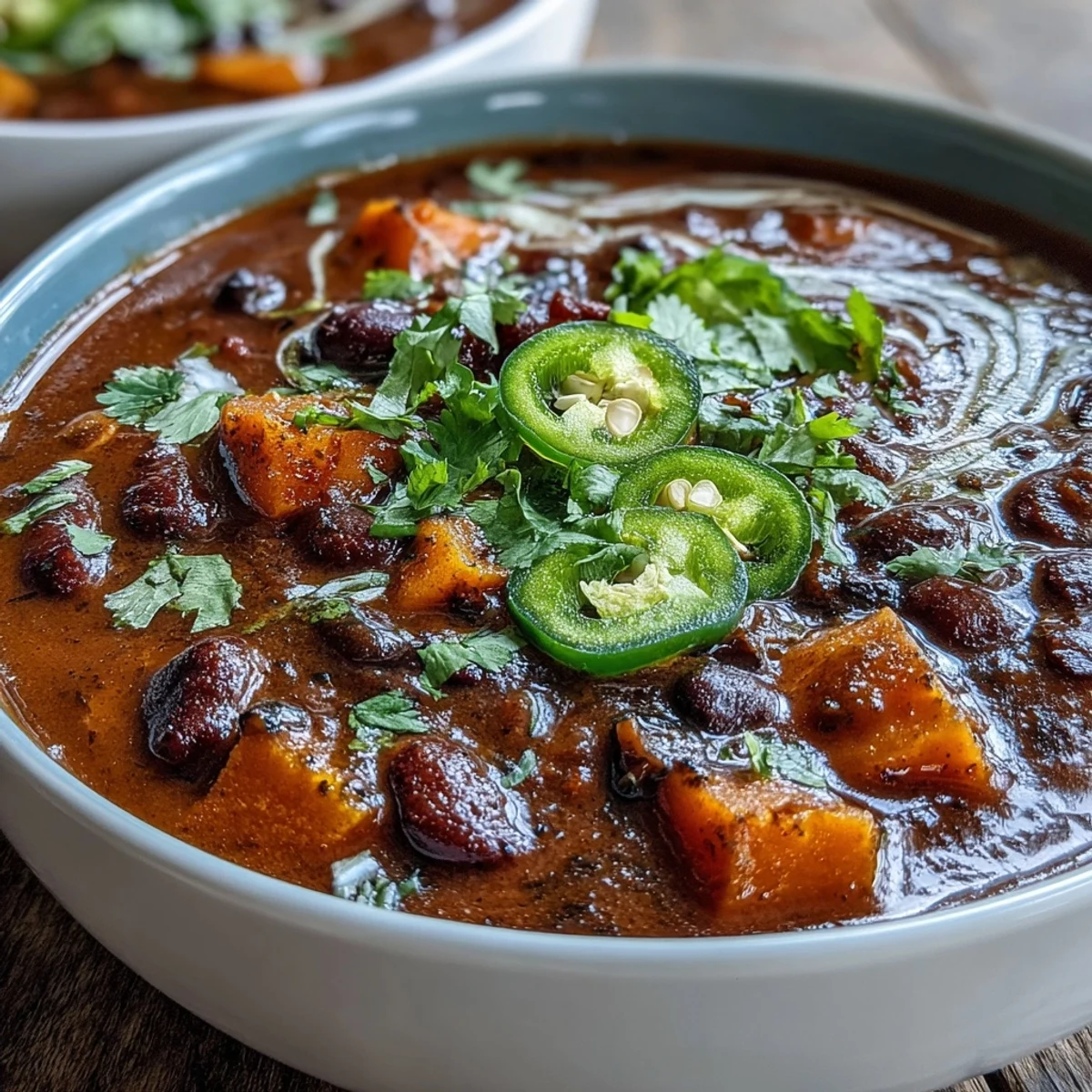 Smoky Black Bean and Sweet Potato Soup with Lime Crema, garnished with fresh cilantro and lime wedges.