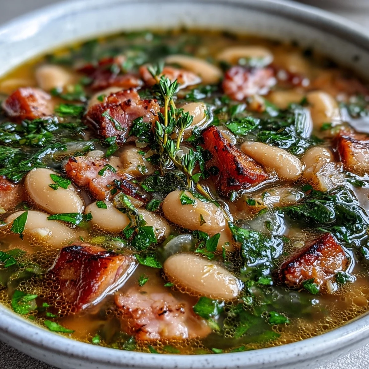 A steaming bowl of ham and cannellini bean soup, garnished with fresh parsley and rosemary, perfect for a cozy dinner.