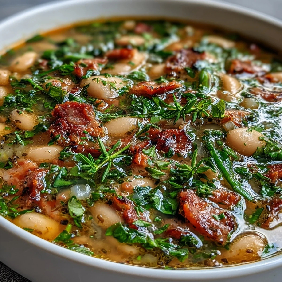Creamy cannellini beans and tender ham chunks in a savory broth, accented by fresh thyme and carrots for a comforting meal.