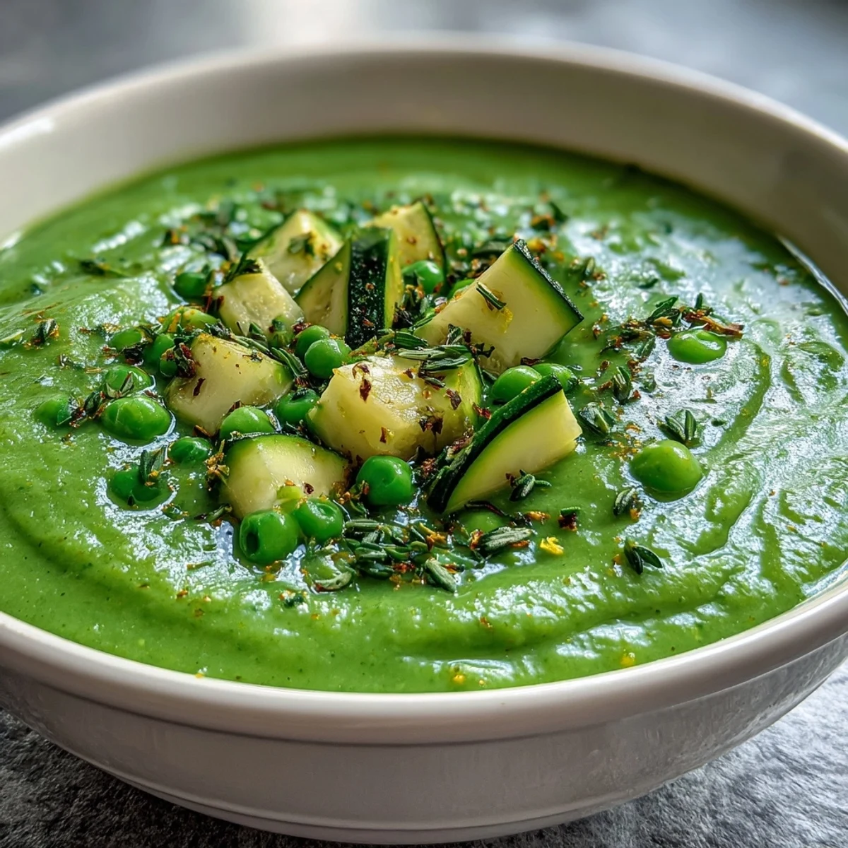 Creamy green detox vegetable soup with zucchini, peas, and spinach, garnished with fresh parsley and lemon zest.  