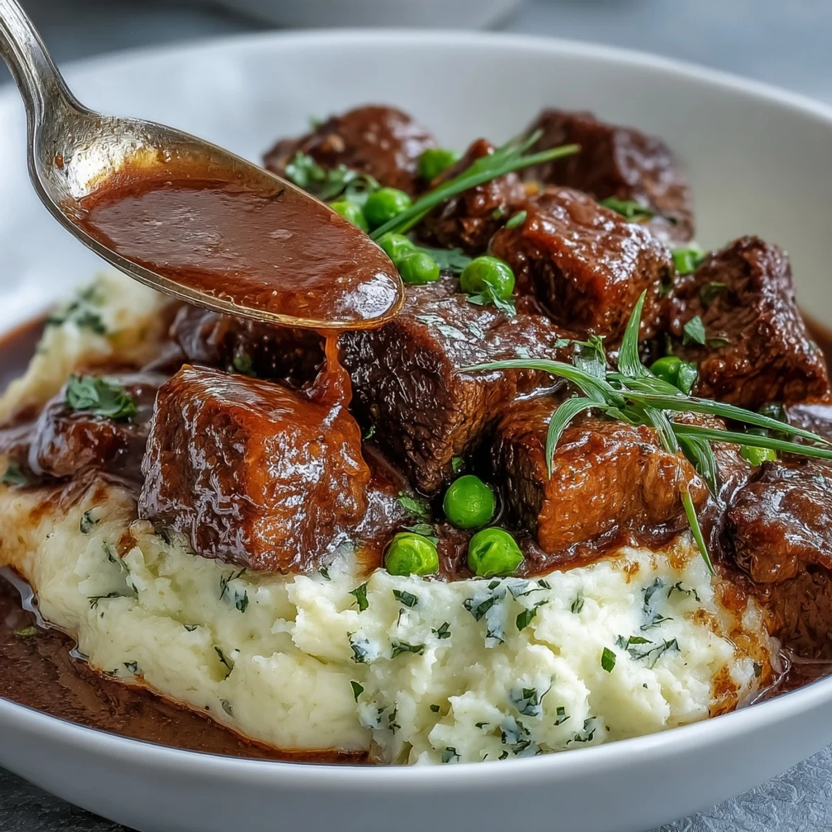 A hearty Irish beef stew with tender lean beef and vegetables, served over creamy cauliflower mash for a lighter, gluten-free meal.