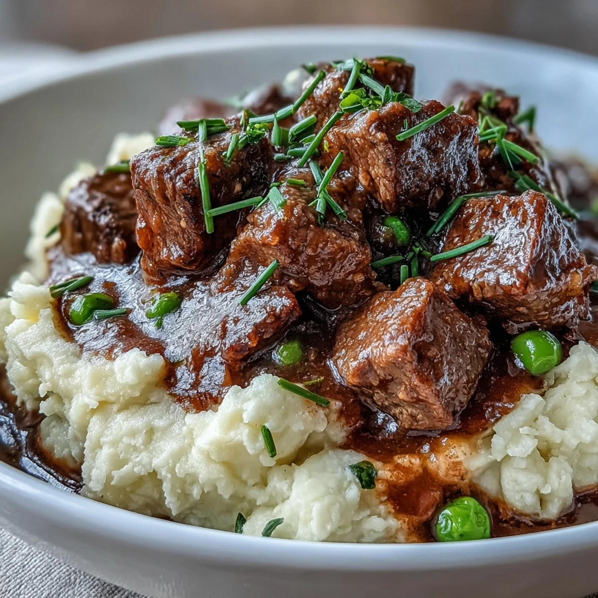 Rich, savory Irish beef stew made with lean beef and red wine, ladled over buttery cauliflower mash for a cozy, low-carb dinner.
