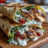 Juicy grilled chicken and creamy Caesar salad fill a toasted Garlic Naan Grilled Chicken Caesar Wrap on a rustic plate. 
