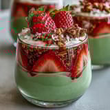 Strawberry Matcha Layered Chia Pudding Jars with fresh strawberries and creamy matcha yogurt.